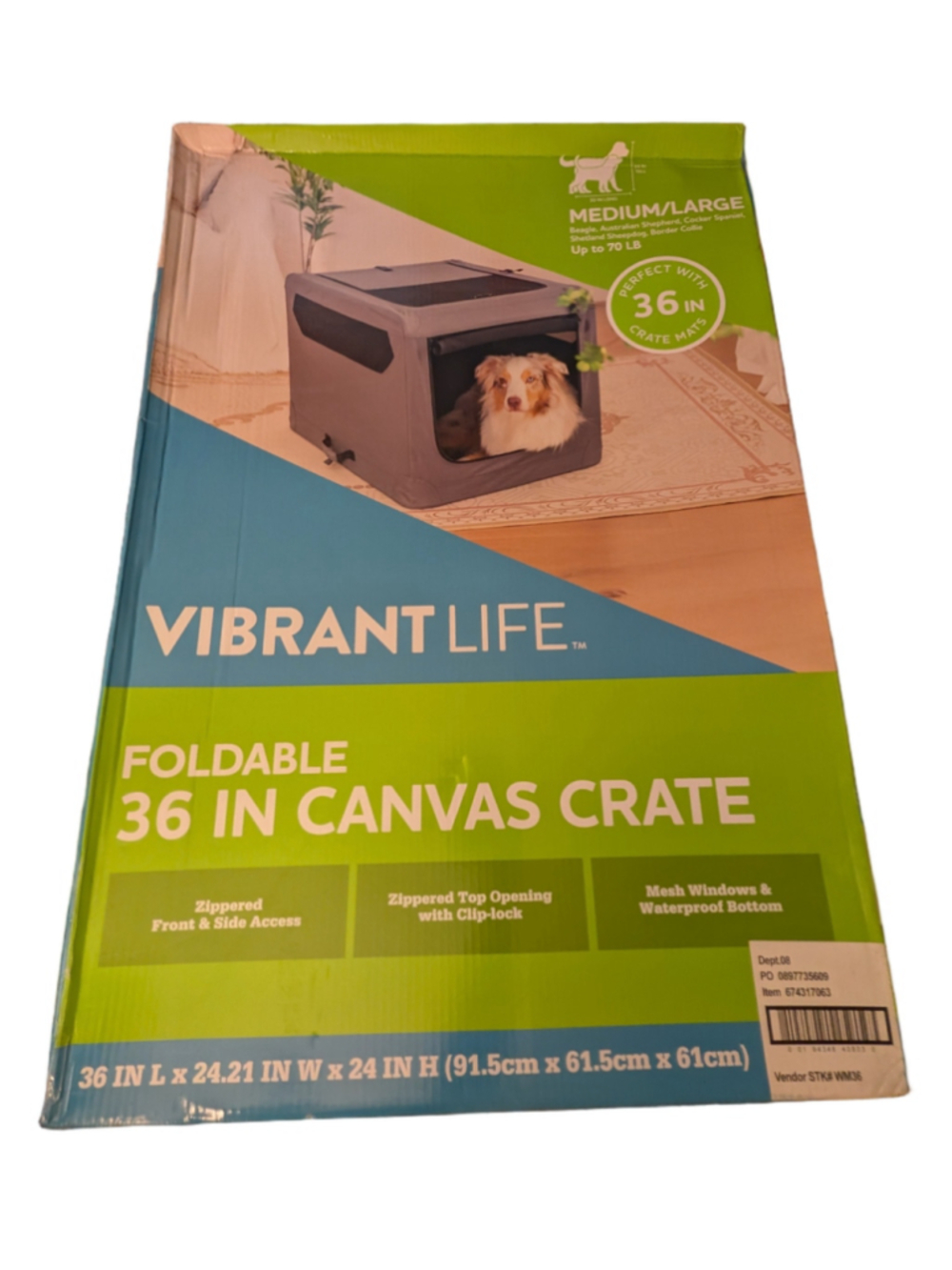Vibrant Life Foldable 36-Inch Dog Canvas Crate in Grey and Black